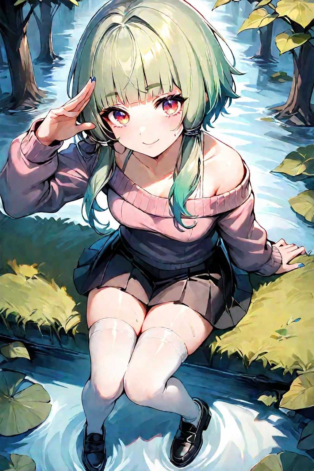 1 girl, cute, young, green hair, bob haircut, green eyes, poncho, thigh high, {{{{{{{{excessive cum}}}}}}}}, bukkake,