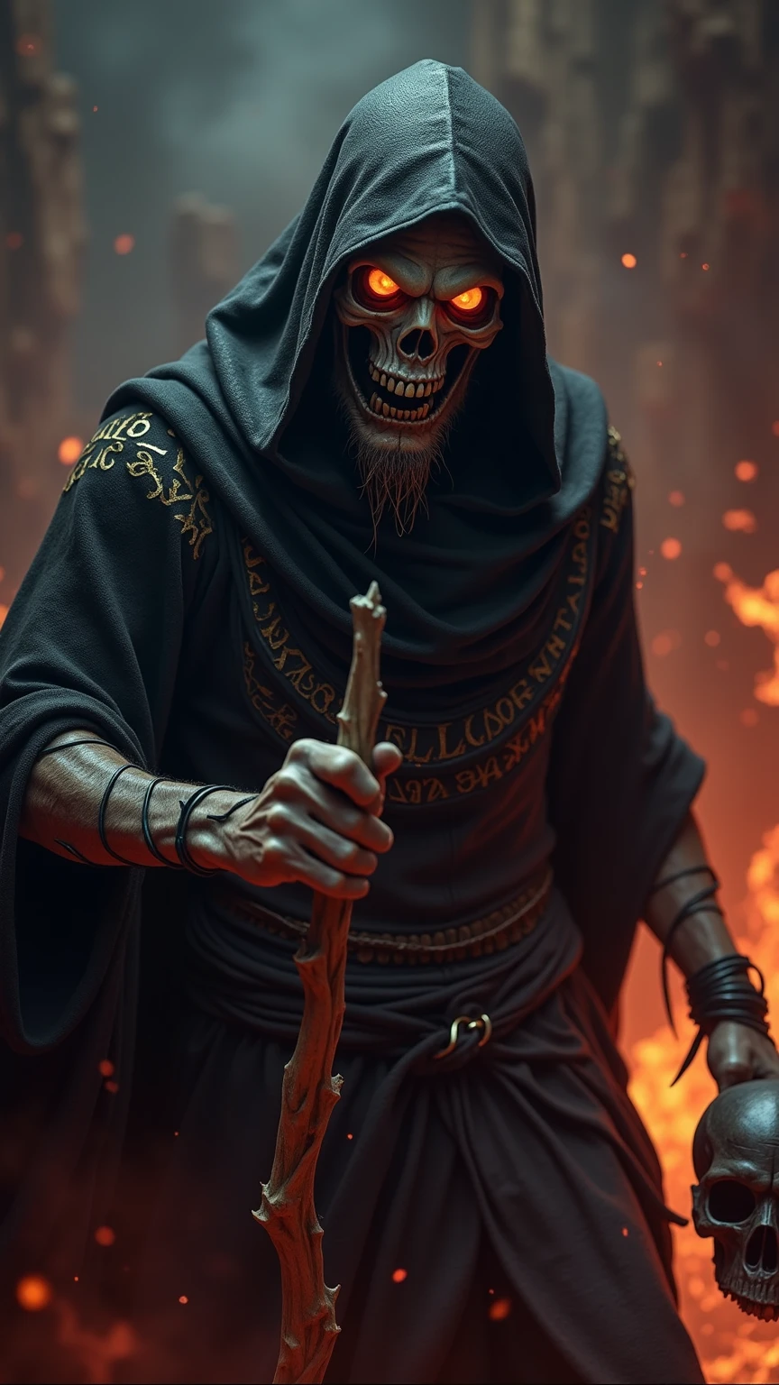 (extremely detailed 8k wallpaper), a necromancer wrapped in a black velvet cloak stolen from the darkness In a dark, abandoned dungeon, lit only by torches. His slender body is adorned with ominous details: a turtleneck cloak that conceals his pale face, garnished with rune inscriptions. His black robes are speckled with patches of dried blood, while his hands are bony and wrinkled. Intricate, High Detail, Dark, Dark Fantasy --auto
