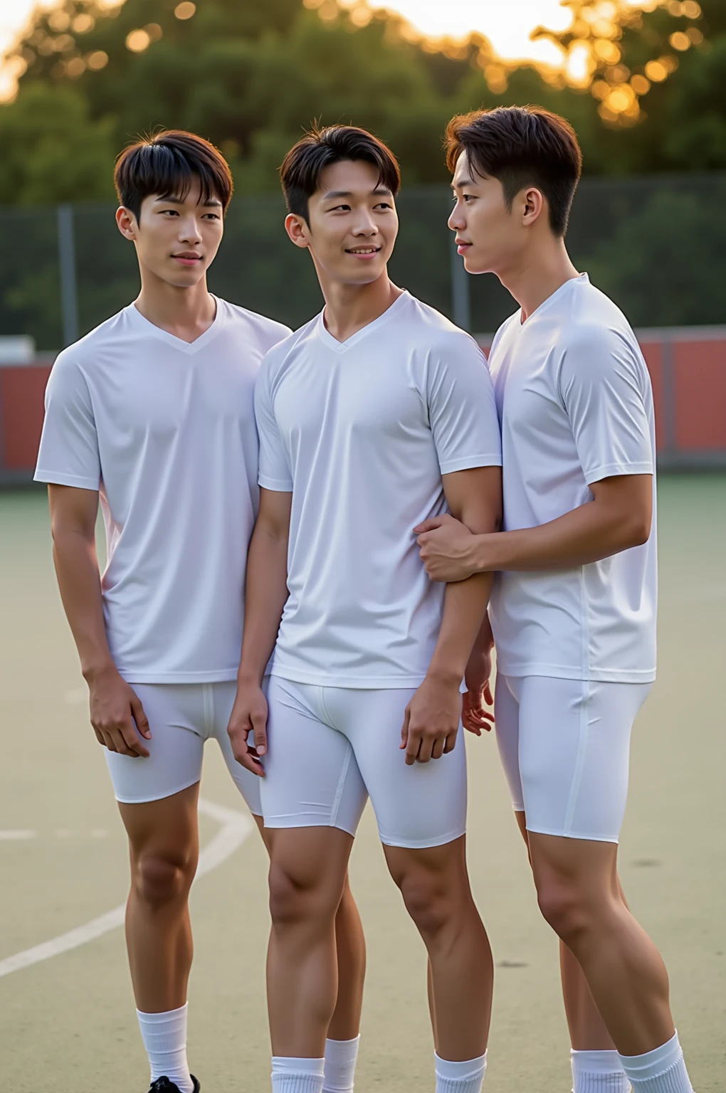 Three men standing on the football field，open shirts, athletic tall handsome guys, Body movement, South Korean male, korean muscle boy 2 1 years old, fit-muscled body, fit physique, 6 pack ab, athletic fashion photography, & jeehyung lee & Phlegm sputum, phlegm, six pack, atheletic body, Kim Tae-joon, with abs, six-pack, athletic and strong