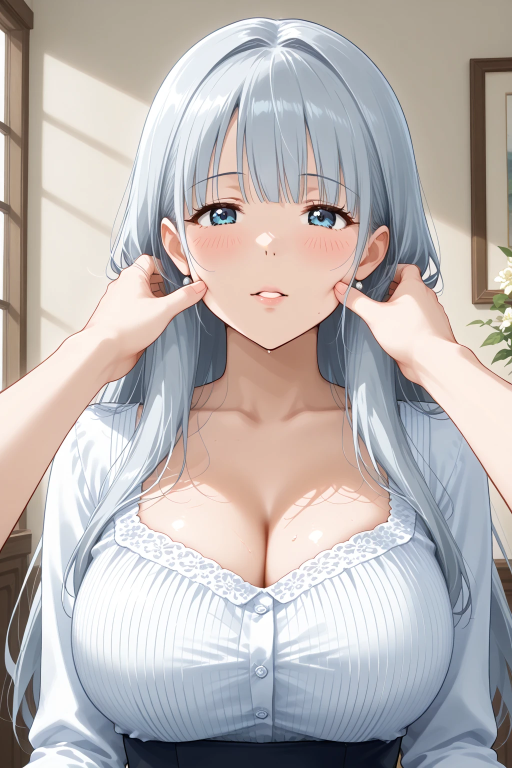 ,
deep cleavage, collarbone, White apron,bare shoulders, 
White Hair,  blue eyes, Bangs, single braid, 
1 girl, 20yo,Young female,Beautiful Finger,Beautiful long legs,Beautiful body,Beautiful Nose,Beautiful character design, perfect eyes, perfect face,expressive eyes,
 
(masterpiece:1.0),(best_quality:1.0), ultra high res,4K,ultra-detailed,
photography, 8K, HDR, highres, absurdres:1.2, Kodak portra 400, film grain, blurry background, bokeh:1.2, lens flare, (vibrant_color:1.2)
(Beautiful,large_Breasts:1.4), (beautiful_face:1.5),(narrow_waist), tassel earrings 