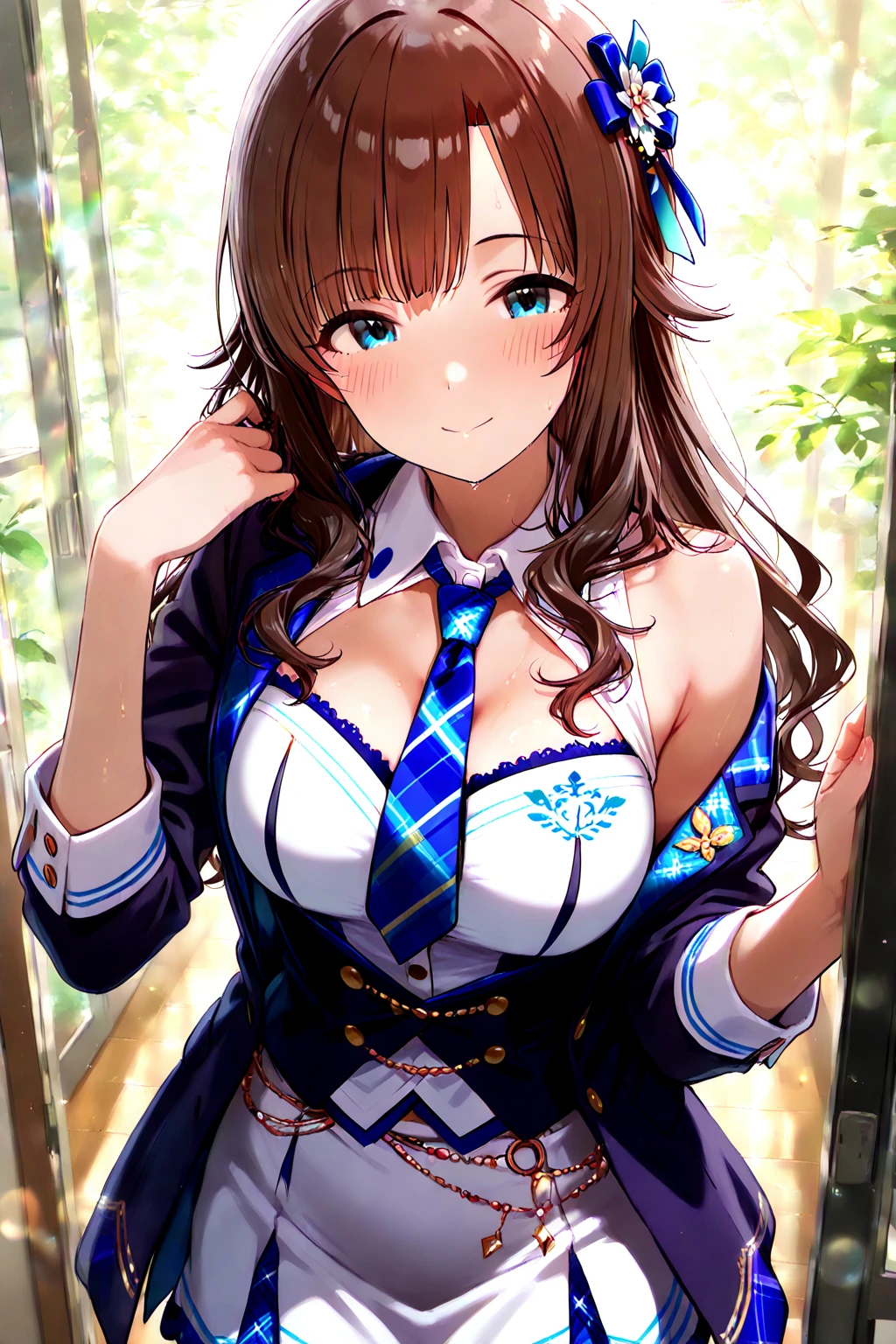 Girl with brown hair, blue eyes, very cute, busty and very beautiful , con una linda pose o sentada acariciando un gatito