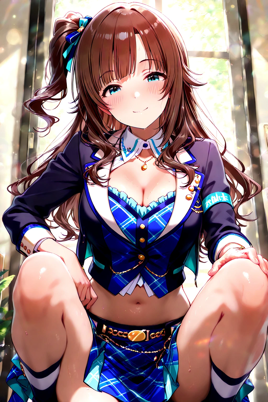 best quality, masterpiece, nice hands, perfect hands, Miku, smile,medium breasts, sitting under a tree, reading a book, detailed skin texture, (blush:0.5), (goosebumps:0.5),cross leg,medium thighs ,black tights,blue micro bikini