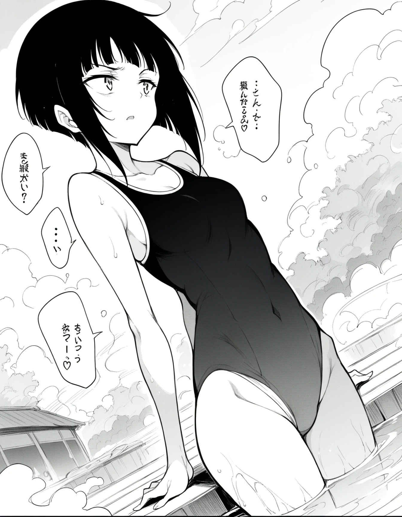 score_9,score_8_up,score_7_up,source_anime,zPDXL,(nsfw_manga_style:1.2),(monochrome:1.2), line, comic, high res image, simple composition, 1koma, source_manga, score_9, score_8_up, score_7_up, source_manga, colored, Tite Kubo manga style, Tite Kubo art style, mature female, mature, Adult, himeno, himeno(Chainsaw Man), 1girl, black hair, short hair, eyepatch, solo, naughty face, argasm, rolling_eyes, cross-eyes, grin, nsfw, Villains, Spread arms, Raise arms, shaking body, waving body, blush, aroused, in heat, night, Dark, latex leotard, masterpiece, Top animation quality，Top image quality,