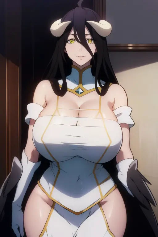 (masterpiece:1.6, best quality:1.4, real picture:1.2, intricate details:1.2), Albedo, 1girl, dark hair, red eyes, big lips, lip gloss, long hair, medium breasts, bare shoulders, hourglass figure, (narrow waist), thick thighs, thick ass, defined stomach, sexy pouty lips, cleavage, vampire girl, white latex micro bikini, sexy thight micro panties, detailed face and eyes, black pantyhose, black gloves, seductive pose, royal room.