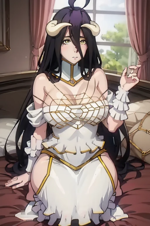 Albedo,Overlord,long curly drill hair,Purple lips,eyeshadow, (Sleeved thin frill black dress with v-neck cleavage),Fullbody,Big breast,Wide hips,Jewel necklace,big chandeller earring,diamond Wedding ring,Detailed face,Bare neck,Enter the hall,Jewel ring,black long nail,professional makeup,Mature,Detailed eyes,curvy figure,gold bracelet,Detailed pupil,enchanced big breast
