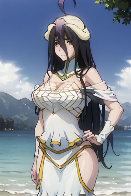 Albedo, overlord,posing, big breasts, sexy, beach, thick thighs, hot, thin bikini, wet, curvy, leaning, naughty, horny, g-string, Horn
