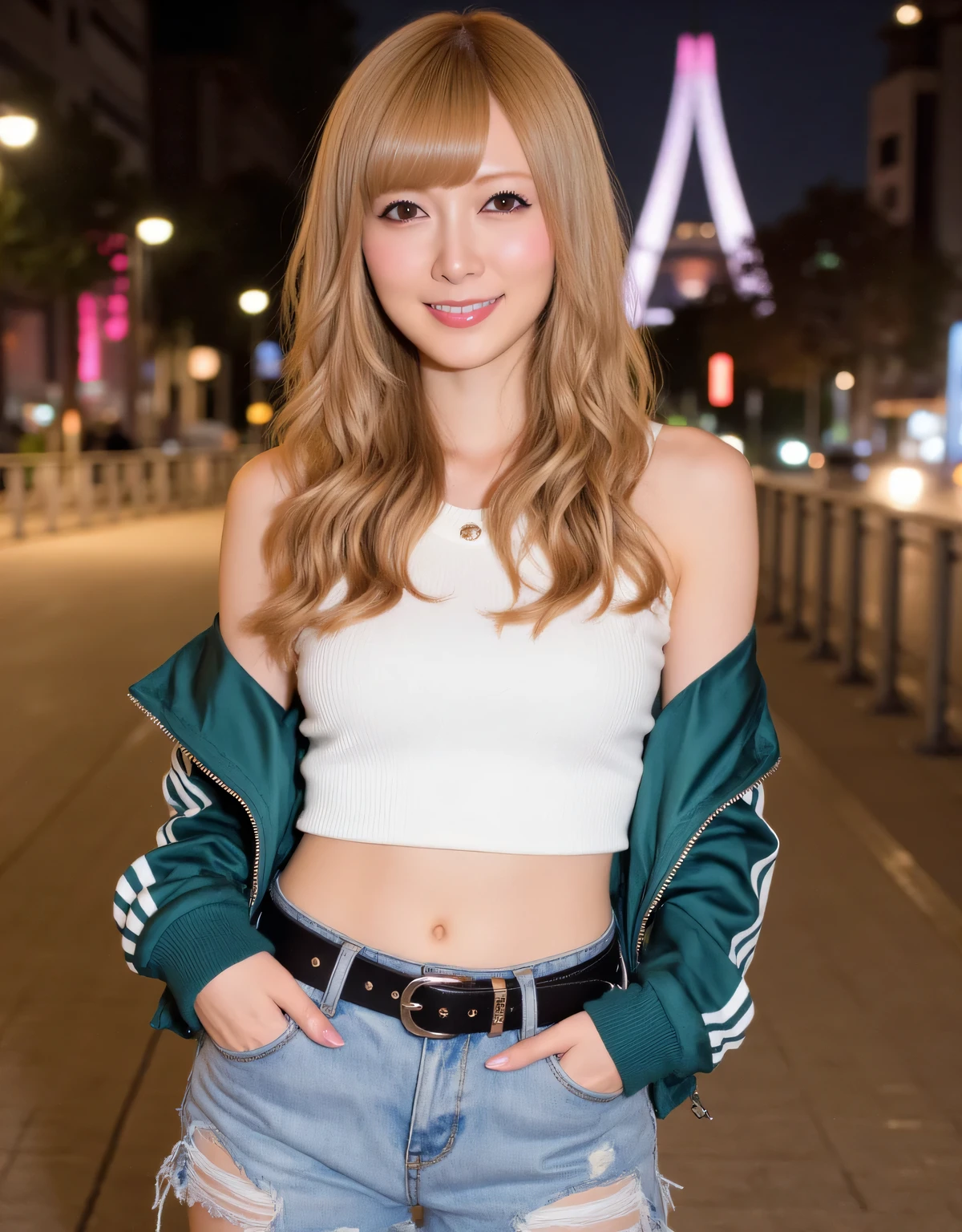 Photorealistic high-resolution evening portrait of a stylish young woman with long, vibrant blonde hair gently wavy and parted to one side. She wears a distinctive gyaru makeup, large expressive eyes, thick eyelashes, sharp black eyeliner, pale skin and glossy pink lips. She looks confidently into the camera with a casually mischievous smile. Her figure is characterized by ample breasts, at least an F cup, which are naturally accentuated by a tight white sleeveless top. (((She wears a sporty chrome green tracksuit with white three stripes on the sleeves, casually draped below her shoulders, exposing her shoulders and upper arms.))), (((She wears light blue tight micro-distressed denim shorts:1.9))), a black leather belt with metallic silver accents around her cinched waist, long, shiny, stylish nails. Her navel is also visible. Pose Details: - Standing confidently with relaxed grace, arms in pockets. - Background & Lighting: - Nighttime urban environment with brightly lit city buildings and warmly lit windows in the background. - Pink and warmly lit trees create a stylish urban nighttime beauty. - Realistic pavement textures, fences and streetscapes are vividly rendered. Lighting: - Natural, high-quality cinematography lighting brilliantly illuminates her face and figure, vividly revealing delicate skin texture, delicate hair and realistic clothing materials. - Balanced lighting accentuates depth and realism, capturing the atmosphere of sophisticated urban nightlife.