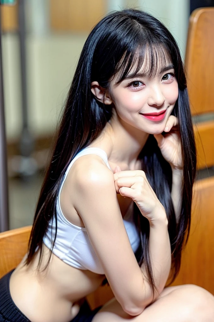 (Best-quality, Masterpiece, Ultra-High-Resolution, (Photorealistic:1.4), Raw Photo, depth of field, professional lighting, perfect anatomy, extremely details),
(((from side, dynamic-pose, looking at viewer, innocent smile))),
(1girl, 15-years-old, the most famous Japanese idol),
(extremely cute face like the most popular Japanese idol, ((extremely cute and extremely big black-round-eyes)), extremely beautiful black-long-hair, ((extremely beautiful skins)), extremely cute long-eyelashes, extremely cute lips), extremely childish body, extremely childish thighs,
(wearing white loose-fitting sleeveless-shirt and denim booty-shorts),
black Fancy-brassiere that show a bit through armhole of the white-sleeveless-shirt-with-cute-design