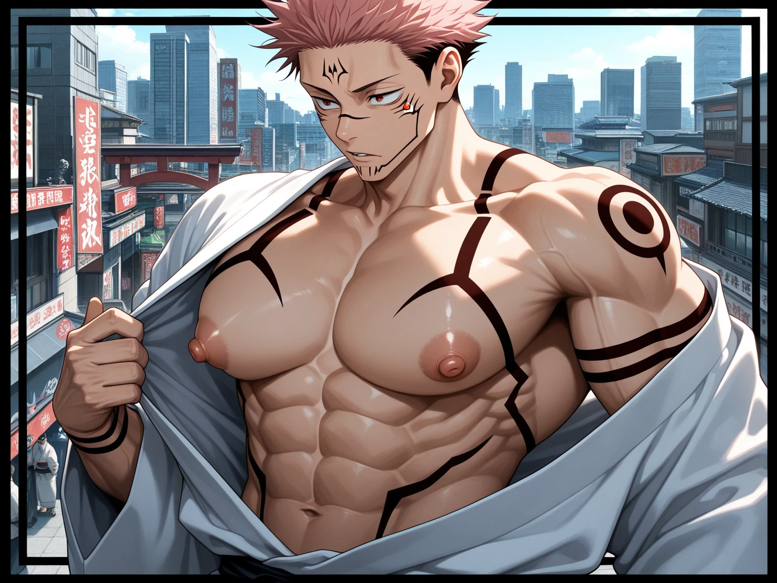 masterpiece, best quality red eyes, game cg, 1boy adult man, rugged adult face, solo, male focus, looking at viewer, upper body, Natsu Dragneel natsu_dragneel, pink hair, red eyes, shirtless naked, toned muscle, pectorals, 8 abs, toned legs, ((naked flaccid penis and scrotum )), slightly bulged, bathroom shower, detailed, dynamic lighting, well lit, ((wet body)) ((missionary sex, sex, missionary position))