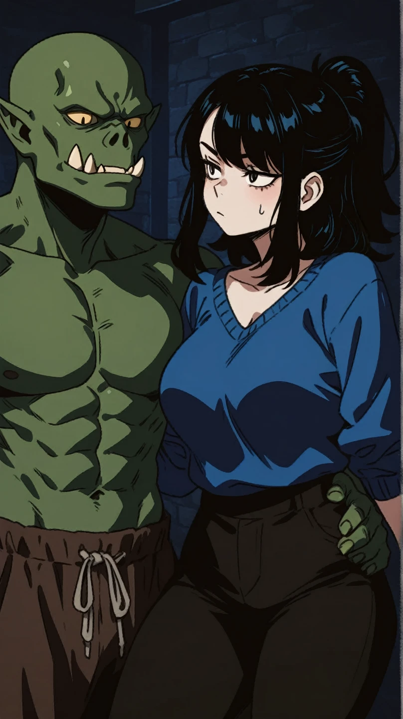 Solo, ((standing beautiful mature female)), ((slaved by orca)), (sweaty skin), linen tunic, fantasy village, muscular, armor, (((lifting her panty in her vagina:1.2))), (black panty), (thin waist), large hips, perfect face, (restrained), (manhandled, beaten), ((broken steel armor)), ((brown long hair)), ((freckles)), (cameltoe), ((tied)), ((mouth pulled grabbed by man:1.4)), ((puffy pussy:1.2)), ((dark green fabric))