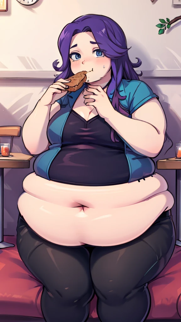 a fat dark skinned anime girl with extremely curly purple hair and bright yellow eyes, dressed in undesize black sport bra and torn jean shorts, eating at kitchen with her belly being so enormously bloated it takes all the space between her chair and table, sideview