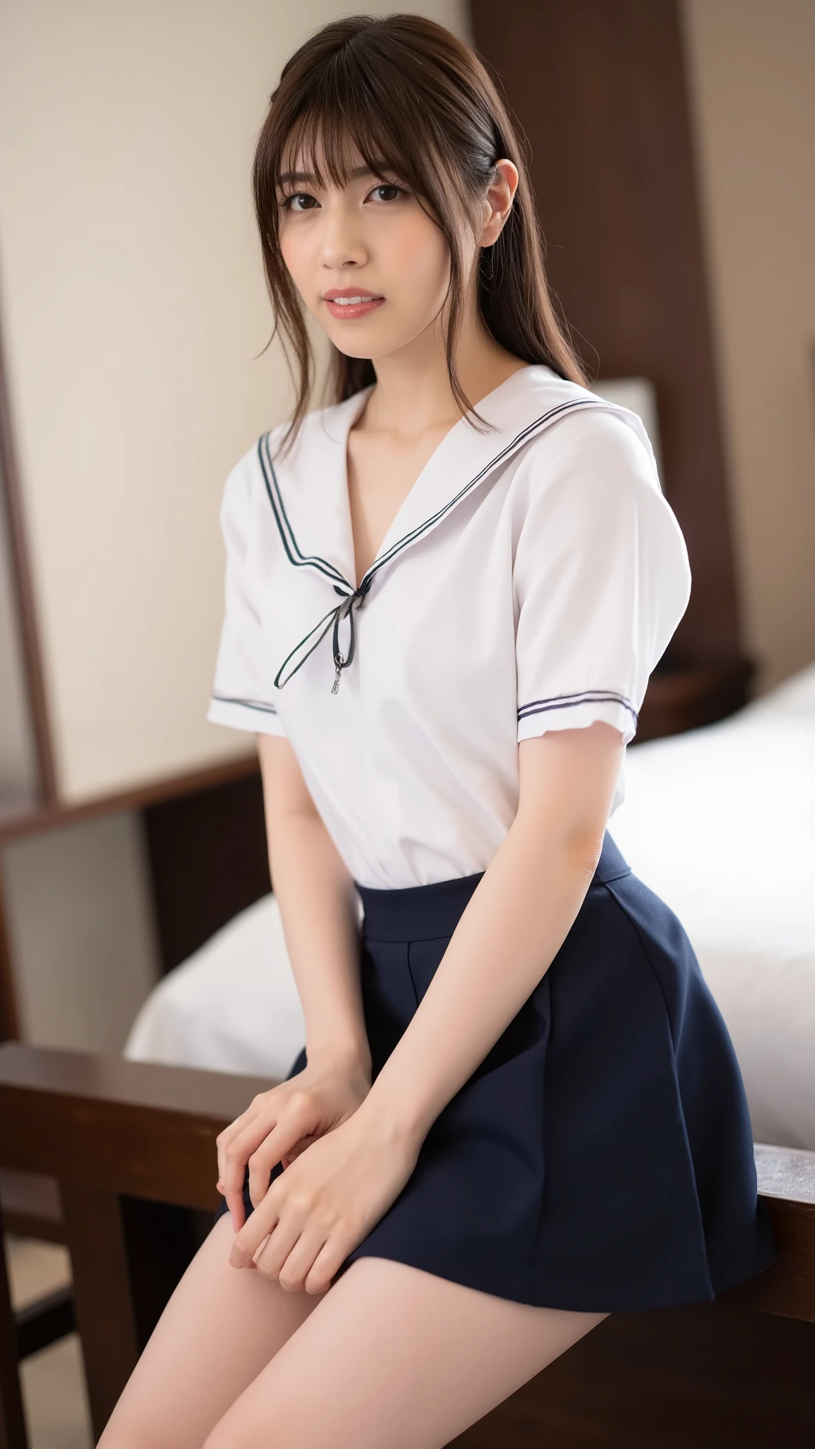 (Masterpiece, Best quality:1.4), (Ultra realistic, Photo-realistic:1.3), nsfw, ((Wearing Sailor suit, White short sleeve:1.3)), (Dark navy pleated skirt:1.2), (Wearing white sock), (small breasts), Natural light, 20 years old actor, Japanese woman named rio hikarunagi, Neat and clean, (high long ponytail:1.1), (Beautiful face), Oval face, clear skin, Beautiful eyes, Kind eyes, Clear skin, Small face, Beautiful mouth, Small mouth, Natural makeup, Seductive eyes, (Beautiful thighs: 1.2), Luxury hotel Suite room, squatting