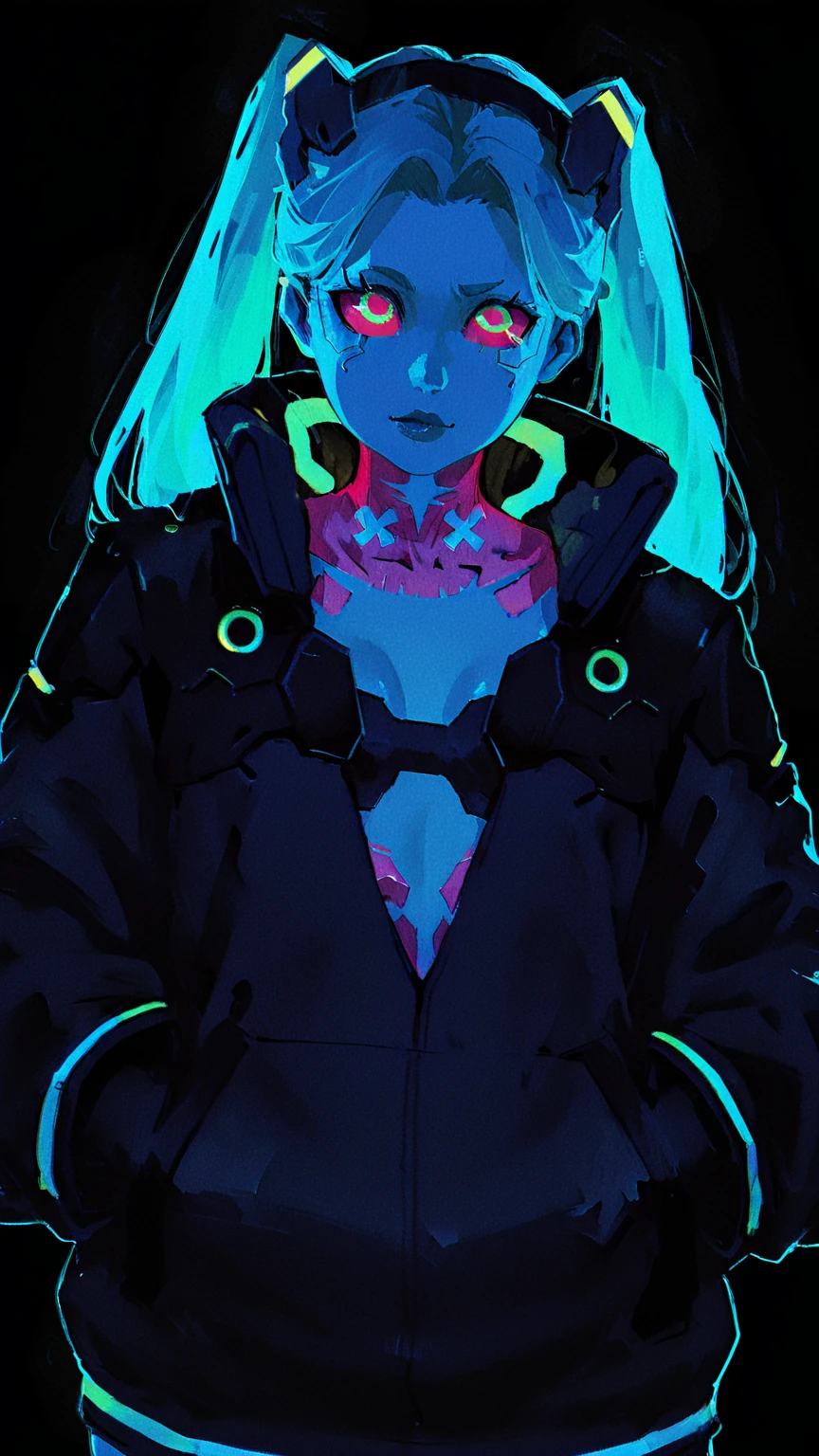 masterpiece, best quality, highres, 1girl, rebecca \(cyberpunk\), solo, long hair, mechanical eye, colored sclera, red sclera, colored skin, white skin, leg tattoo, neck tattoo, green hair, long hair, small breasts, underwear, fang, red pupils, skin fang, red eyes, black jacket, standing, cowboy shot, from side, field,