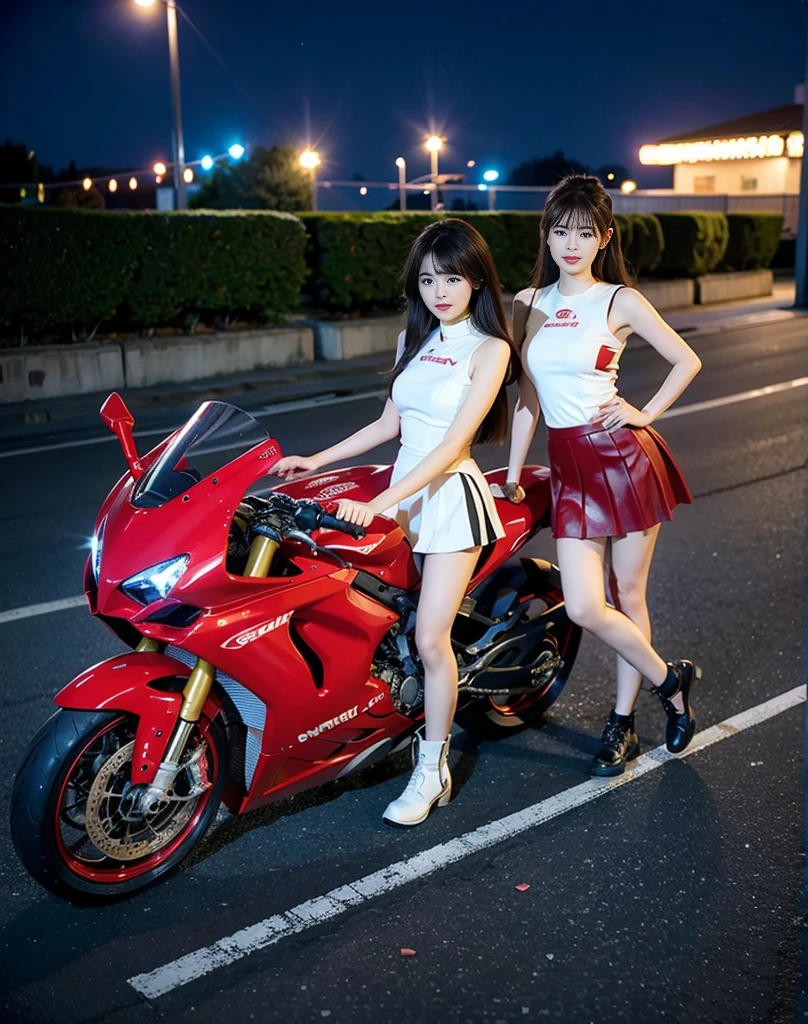 High quality portrait style photography of a beautiful woman with Japanese features in anime style, dressed in a futuristic mecha suit. He is driving a motorcycle, with the blurred silhouette of the Burj Khalifa rising in the background, slightly out of focus. The woman&#39;s face and hands are detailed.