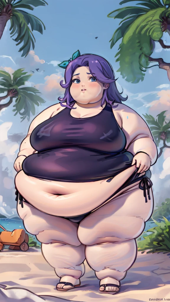 Anime Women, Lady、Forehead、Long braids down to the waist、Purple Hair、Glasses、Sharp eyes、Purple lips、Cobalt blue body、Cobalt blue skin、Are fat、Chubby、Voluptuous、obesity、Double chin、Fat-covered neck、Big Breasts、Saggy breasts、Thick upper arms、Thick arms、thick fingers、Fat belly、Flabby belly、Thick legs、Big Ass、Brown clothes、Brown dress、Sweaty、Embarrassing、Model standing