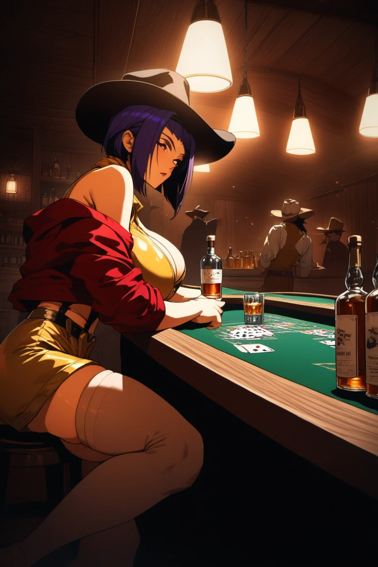 1 womaon, magician, fishnet stockings, black top hat, action shot, on stage, playing cards flying around, dress shirt and open vest, button stress, skindentation, ((safe for work)), sagging breasts, huge entertaining smile, audience , (gigantic breasts), , (detailed face, beautiful face), stretched shirt, (masterpiece, best quality, high resolution, realistic:1.3), The style resembles graphic novels and concept art, Use muted colors, shading, Ambient lighting. Another dimension of quality. Shadows and highlights, Character anatomy and shape are detailed