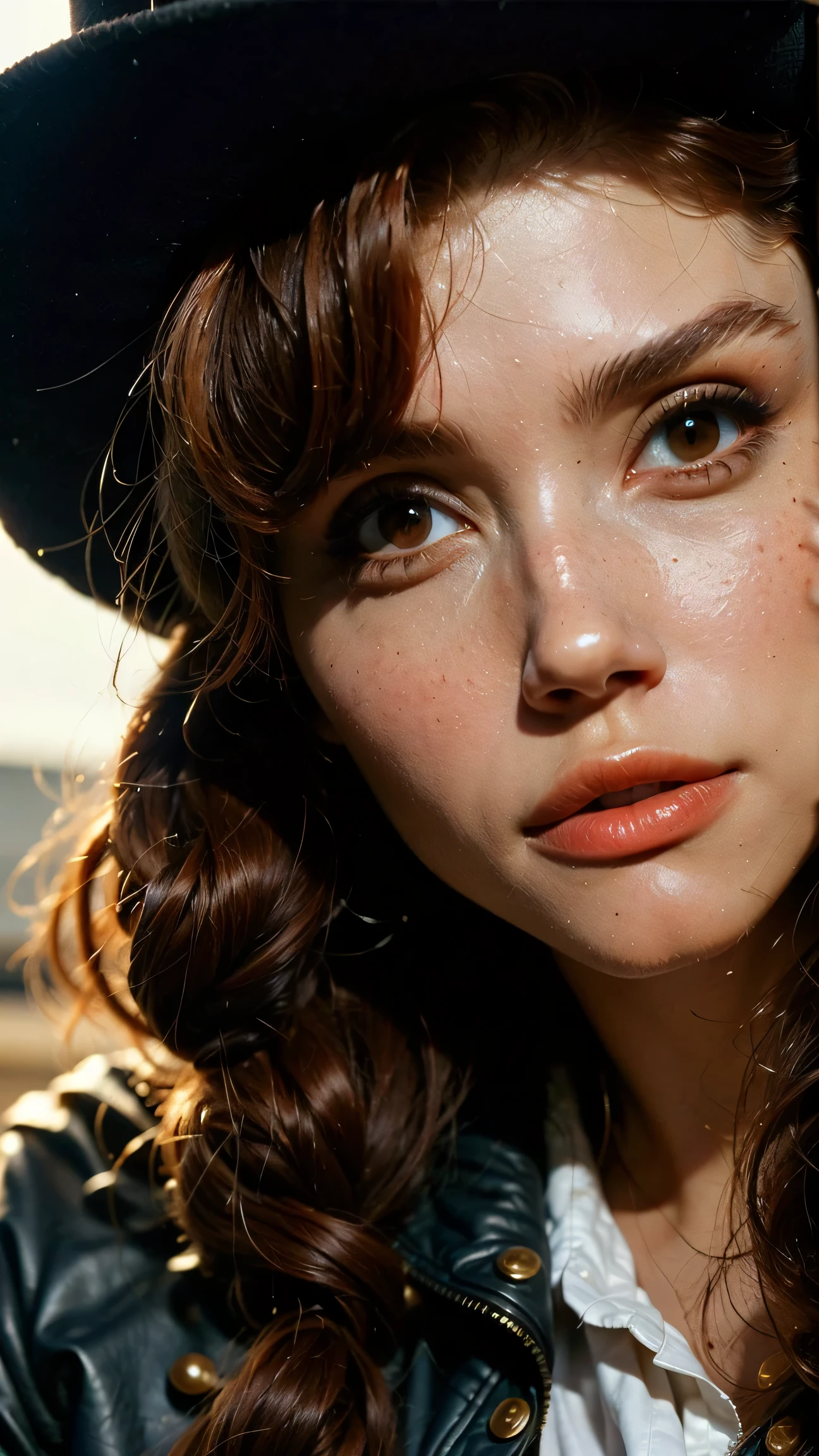 cowgirl outfit,high resolution, ultradetailed, sunny day, ray of lights, 16k, UHD, photorealistic, (skin texture:1.2), (detailed face features:1.3), correct proportions, 1 girl, beautiful brown eyes, cowboy pose, dynamic pose, pretty eyes, plump lips, (thin and sharp pale eyebrows), long dark eyelashes, enigmatic, light skin, accurate nose, (very short dark hair:1.2), skinny fit girl, very small breasts, Cowgirl, long gray shirt, open chest, huge gray cowboy hat, gray panty