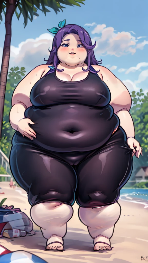 Goth girl, enormous belly, huge gut, thick thighs, very chubby, extremely pudgy, chubby face, short black hair, goth style, very pale skin, wearing a black hoodie, wearing a hood over her head, very tight black pants, angsty, against the world, frustrated, upset, at the beach, very overweight, head down, furled brows
