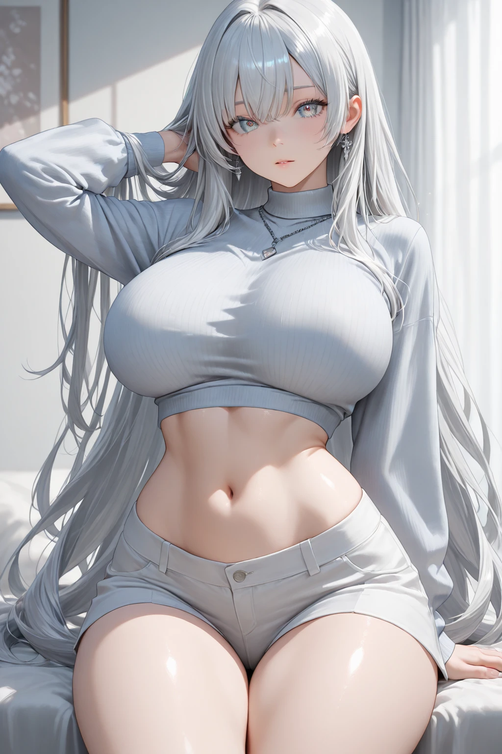 sexy panties , huge breasts , NSFW , running shoes , portrait , silver hair , Standing , wide pelvis , smile