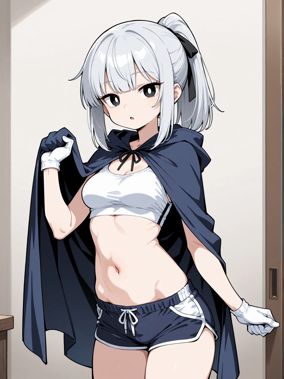 (Perfect body),Best Quality,16 K、NSFW、(((Lori)))、blush、(V-shaped eyebrows)、Tsuriformes、smirk grin、embarrassed from、(((Longhaire)))、(((((hair messy)))))、((Eyes are yellow)),((Gray hair)),(Sweat)、Black knee socks、((Black Bikini))、Black spats、Beige bulletproof vest、(((sleeve less)))、((Red bean-colored scarf))、((Big ass))、(((flat chest)))、(((thick thighs)))、spreading legs、Locker Room