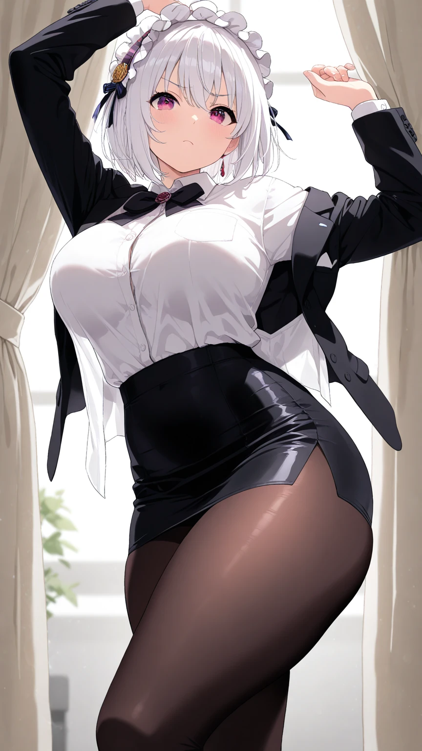 1girl, uzakitsuki, grey hair, hair between eyes, hair over shoulder, closed eyes, mature female, large breasts,
BREAK (armor, armored dress, black bodysuit, black gloves, bodysuit, bow, bowtie, covered navel, faulds, gloves, pauldrons, red bow:1.2)
BREAK looking up, upper body,
BREAK  indoors, bedroom background,
BREAK ((anime girl)), best quality, expressive eyes, perfect face, (masterpiece), best quality, expressive eyes, perfect face, ((best quality)), ((ultra-detailed)), ((an extremely delicate and beautiful)), perfect eyes, perfect body, ((synmetry eyes)), beautiful eyes, ((thick thighs)), shiny skin, soft skin, ((synmetry body)), ((perfect body)), 