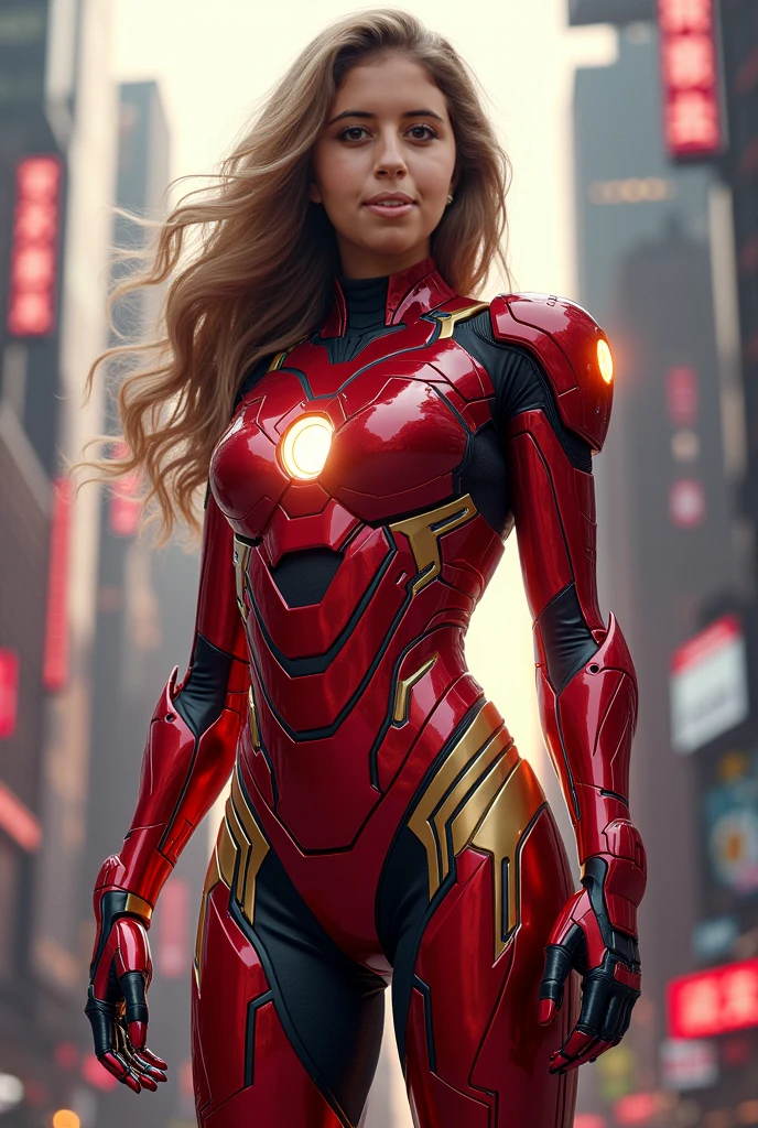detailed background, high-tech workshop with sleek metallic surfaces and holographic displays, (futuristic city skyline)visible through the windows, Iron Man's iconic red and gold suit standing tall in the center of the room, but with a furry twist. Meet Iron Feline, a female humanoid cat version of Iron Man. Her suit is adorned with sleek and shiny metallic fur patterns that flow seamlessly into her feline features. Her helmet reveals two sharp feline ears atop her head as she gazes at you with intelligent green eyes(glowing arc reactor). The suit hugs her slender frame perfectly, emphasizing her lithe build while retaining all the intricacies of Tony Stark's original design. With elegant movements and an air of confidence, this furry embodiment of power stands ready to protect justice in this alternate Marvel universe.