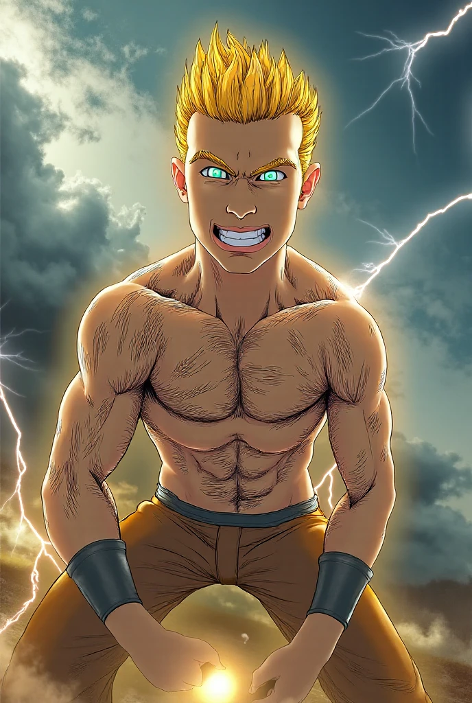 (((best quality, high resolution, masterpiece, best quality, detailed face, sharp eyes))), anime shoot far away, 1boy, muscular male, sweaty, masterpiece, depth of field, baseballplayer, looking at viewer, (((crossed arms))), laxus_dreyar, (((full body))), yellow hair, chest tattoo, yellow lightning, spark, grin, dynamic pose, (((nude)))