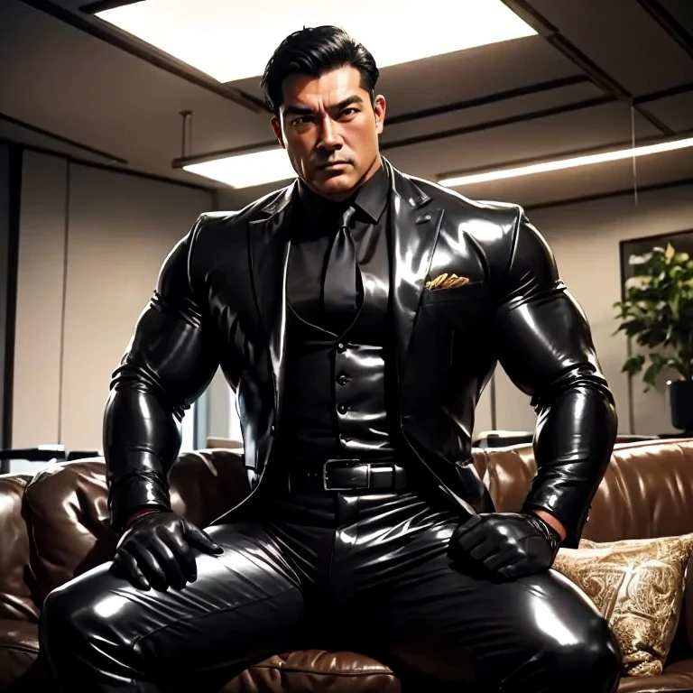 30 years old,daddy,"shiny suit ",Dad sat on sofa,k hd,in the office,"big muscle", gay ,black hair,asia face,masculine,strong man,the boss is,handsome,,leather gloves,lecherous dad,look straight ahead,dad is handsome,dad is handsome ,dad is "horny dad"