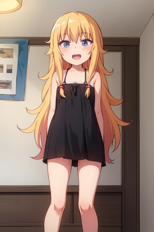 ((masterpiece))((Highest quality))girl、Laughing with your mouth open、blush、Flat Chest、Are thin、Blonde Hair、blush、Are standing、Whole body image、Eye level on face、、No background、Hair is two colors、Twin tails、Red Eyes、Two-tone red and yellow hair、Completely naked、Greeting with pussy、Whole body image、Reflected to the toes