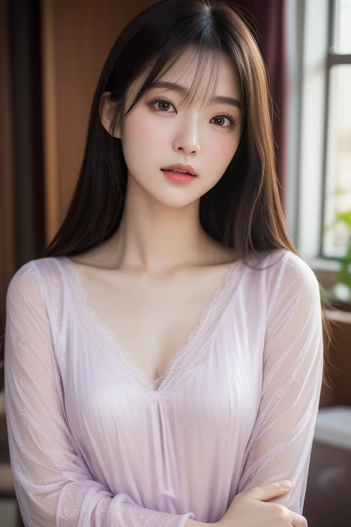 (A 20-year-old Japanese slender beautiful girl), (Small breasts:1.5,)solo, (masterpiece, High resolution, High detail, Highest quality, Very detailed, Ultra high definition, Textured skin,Reality), ((Ray Tracing,Portrait Photography)), Cinematic light effects,Light from an angle, ((realism)), ((Surrealism)),8k octane, ((Natural Makeup)),Aperture value F1.8, (((Black Hair, Shiny Hair, One medium length hair))),(((Lie down in bed,A seductive smile, Raise your hands,Pink pajamas)))