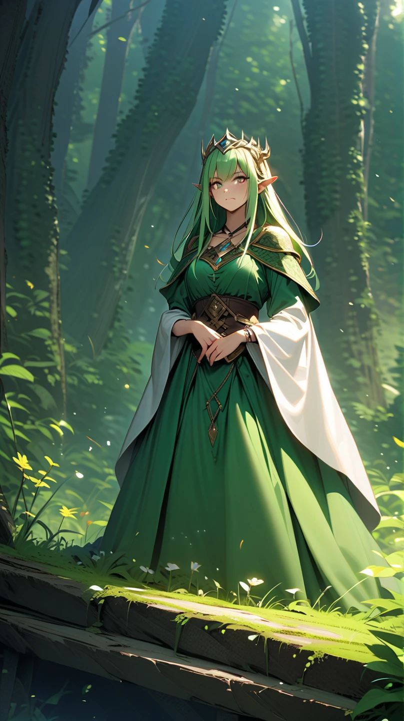 [[[ ultra-detailed, best quality, soft skin, beautiful]]], portrait, green eyes, sapphire hair, tall, flowing hair, cloak in head, elf, slim body, dark forest background, ranger clothes, stoic expression, looking at you, bow, holding a bow.