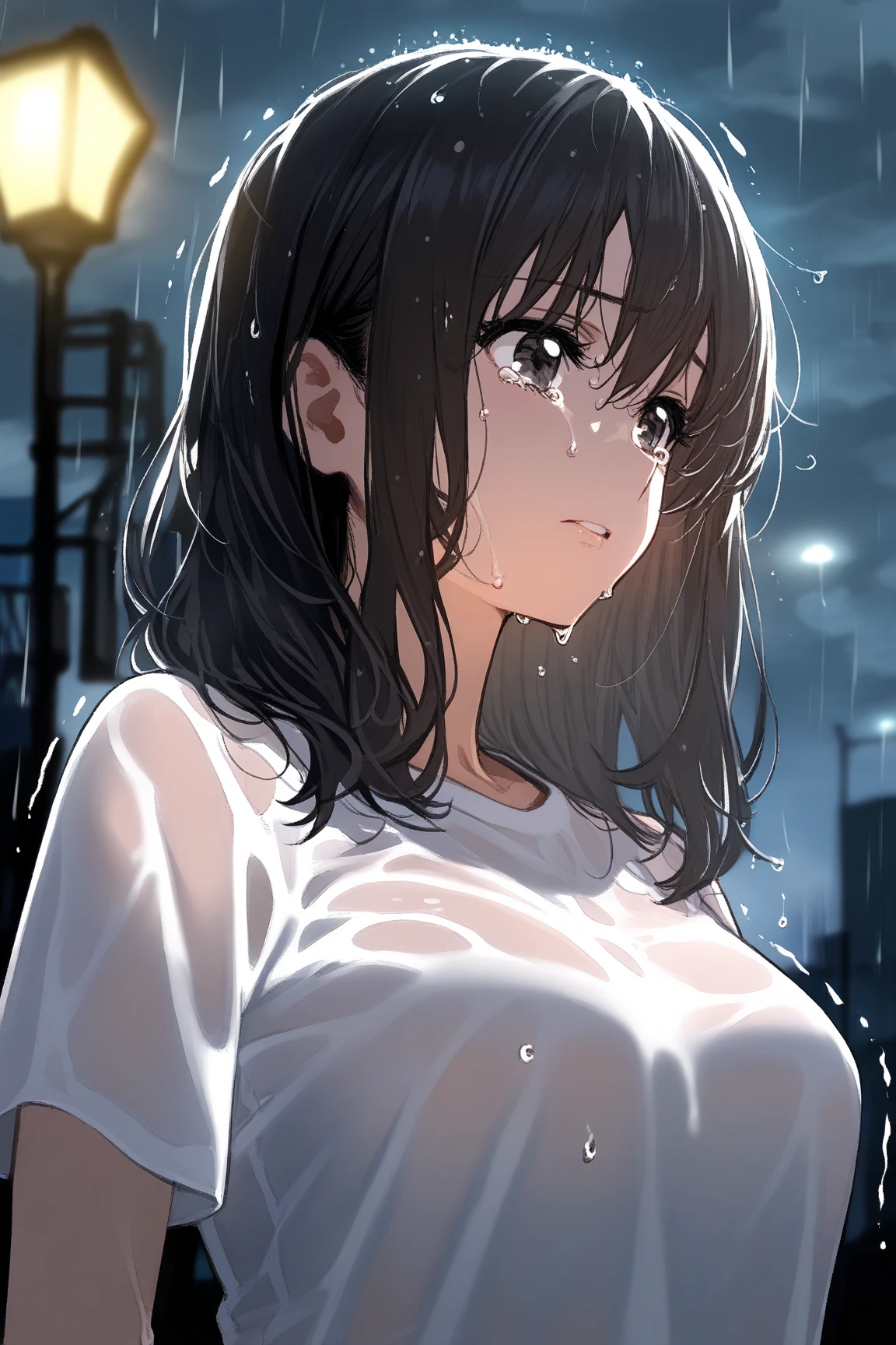 1girl, kuwayama_chiyuki, shiny_colors, suggestive, seductive, (soaked, wet), sweat, ((raining)), blury background, latest, blush, sleeveless, bare shoulder, night, warm glow, outdoor, official art, nsfw, bus stop, half-closed_eyes, looking down, medium breasts, see-through navel, from front view, complex_background, yd, mery