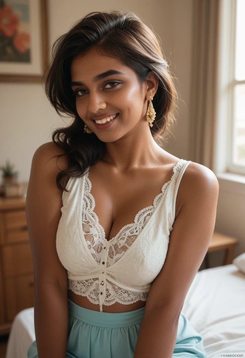 anatomically perfect, A confident-looking mature indian mixed milf woman , fresh 41 yo, hazel eyes, with flowing capes, medium shot composition, hyperrealistic, super detailed, 8k, high quality, sharp focus, intricate details, highly detailed, off shoulder classy gray see through lingerie , cleavage , pose 1.4 to camera, various shot angle , full body waist up pose , short sexy messy hair cut, satisfied confident look, sensually playing with her hair, down on knees, lying ontop of bed