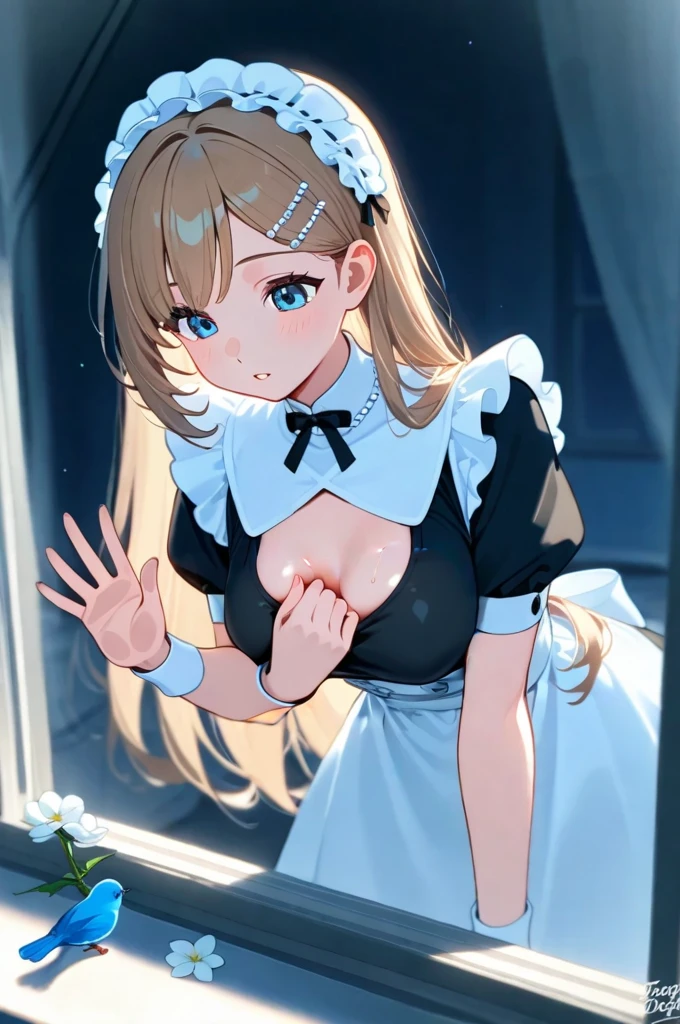 ((highest quality、High resolution、8K、masterpiece:1.3、beautiful anime style))、(((POV、having sex、騎乗位でhaving sex、Insert into、straddling、spread legs、blonde、maid、maid服、tits、Pussy、love juice、semen、embarrassed look)))