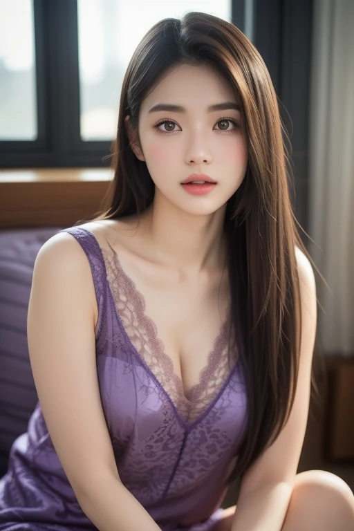 photography of a brightly sangmi nam who is korean actress,masterpiece,photorealistic,analog,realism,korean idol,slim leg, long_brown_hair,1 girl, very bright backlighting, solo, {beautiful and detailed eyes},large breasts, calm expression, natural and soft light,delicate facial features, Blunt bangs, beautiful Korean girl, eye smile,22yo, ((model pose)), Glamor body type,(half red and brown hair), flim grain, realhands, masterpiece, Best Quality, photorealistic, ultra-detailed, finely detailed, high resolution,brown messy hair, perfect dynamic composition, beautiful detailed eyes,Korean girl,((nervous and embarrassed)),sharp-focus, beautymix, FilmGirl,facing reality,shy smile,(wearing a purple babydoll:1.5),(The girl must be sitting on the bed at the hotel:1.5),23yo, film grain, realhands,sexy posing,revealing a glimpse of cleavage,(fullbody shot:1.3),(night sceen:1.6),(shot from below:1.5)