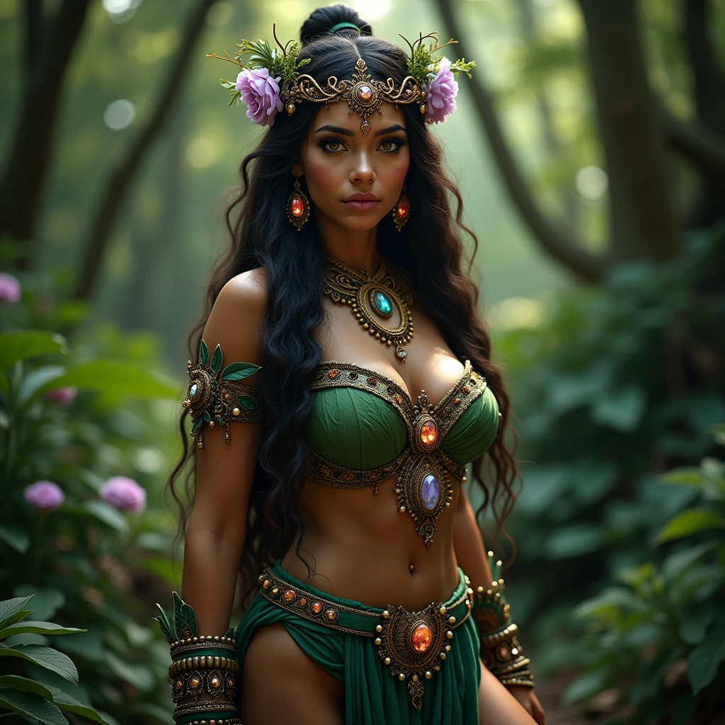 Snake goddess, a beautiful woman with long black hair, wearing a golden crown in the shape of a snake's head, sensual makeup, wearing a transparent green long loose dress, her curves clearly visible, her breasts large and firm, a charming smile, her green eyes staring sharply, her smile inviting, in the middle of the forest