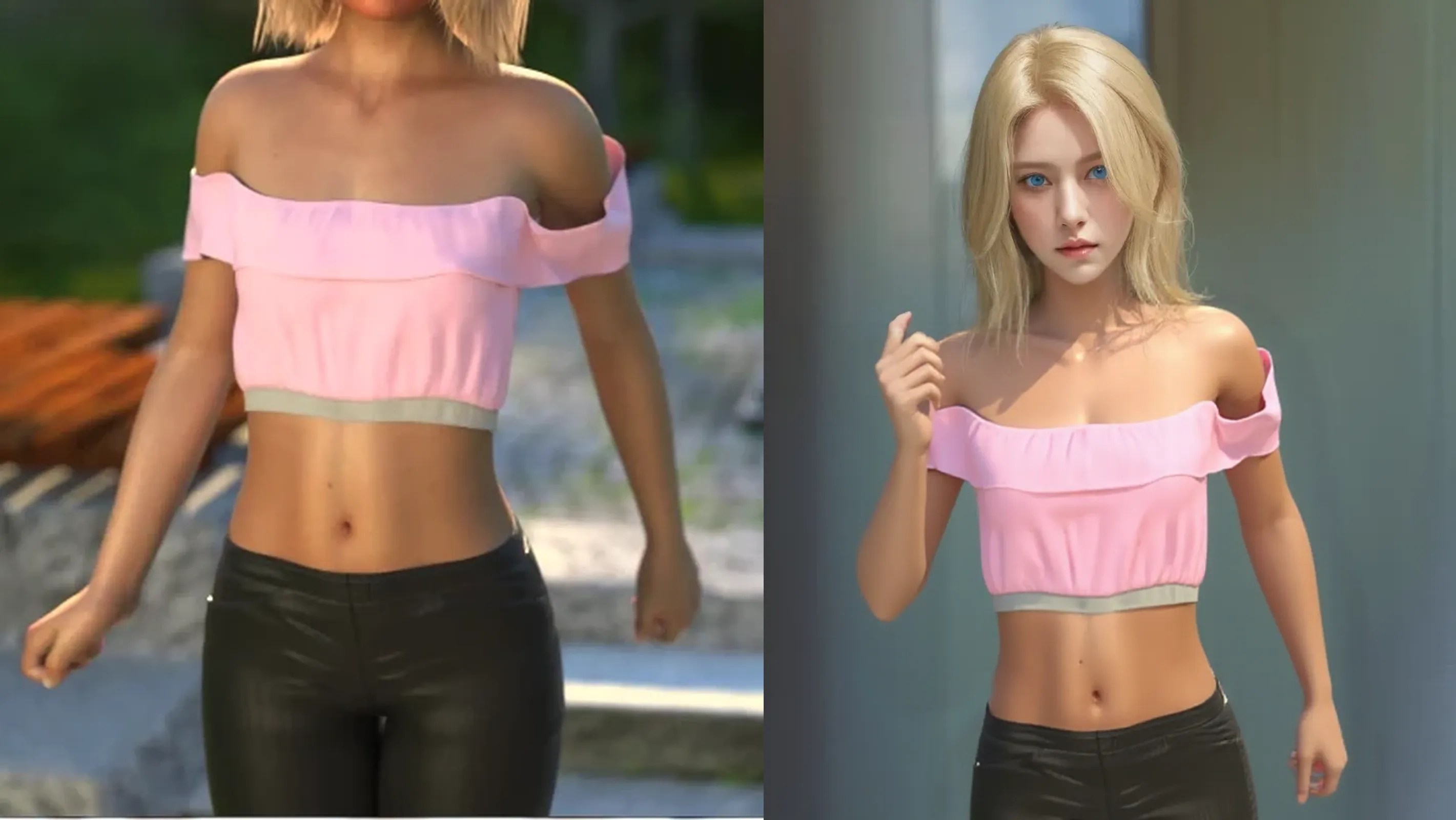 beautiful blonde model, wearing navy high waisted shorts and a crop top, full body and face and head, photorealistic, extreme detail, octane render, artstation, unreal engine