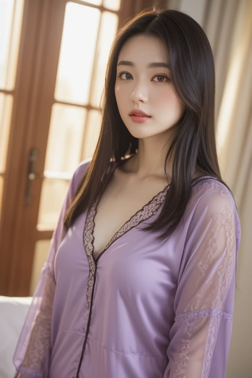 Bestquality,MASTERPIECE,Super High Resolution,(photorealistic:1.4),RAW Photos,1girl,off-shoulder,In the dark,deep shadows,low profile,cold light,Purple silk nightdress
