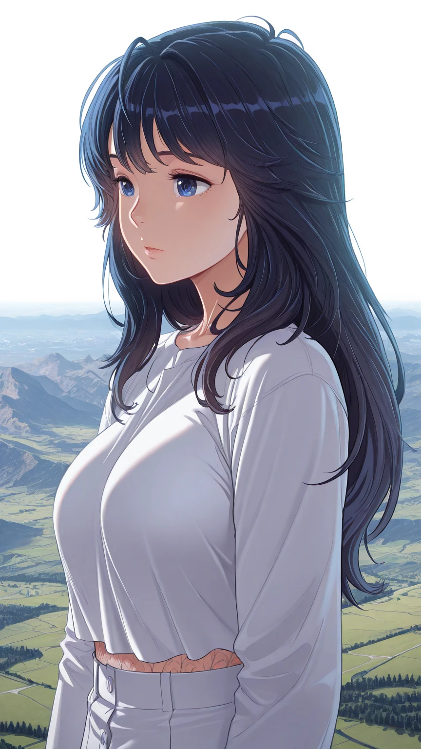 masterpiece,1girl,solo, detailed eyes, perfect face, Seated pose, three-quarter view, slight turn towards viewer, distant landscape backdrop, rolling hills, hazy mountains, winding river. black hair, serene smile,delicate strands, (mona lisa:1.1), <lora:KarasuChan-20:1>