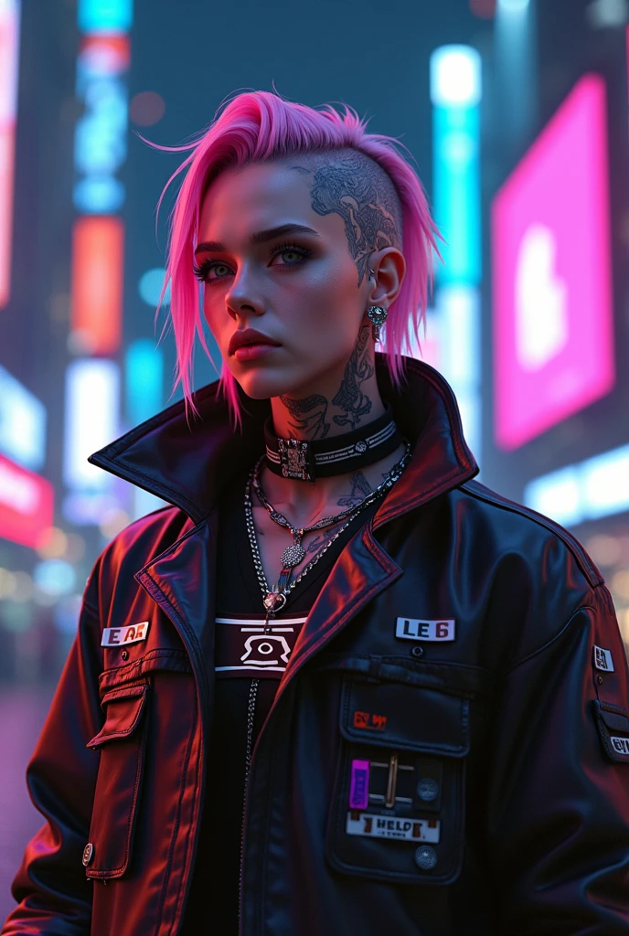 Photograph of cute 18 year old cyberpunk girls, (top-quality、in 8K、32K、​masterpiece、(NSFW))、(Photorealistic:1.4),Fancy makeup, shapeless punk hair,punk fashion、crop top, leather jacket,  pink-hair, red hair, purple hair multicolor hair、Tattoos,、cyberpunk city streets Background、Backlight effect、depth of fields,slightly blurry background.