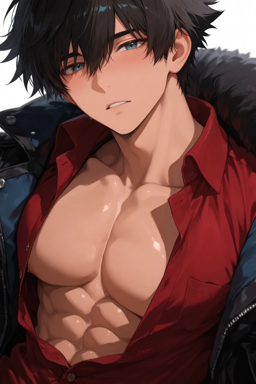 boy, strong, fighter, black hair, shades, technician, mechanic, band-aid on face, cut scars on face, leather jacket, blowtorch sparks, dusty clothes, stoic expression, neutral expression, workshop background, bright orange eyes