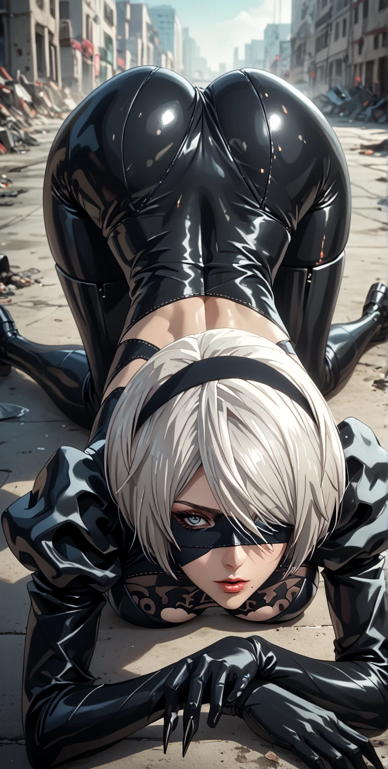 ass pov, Camera from above, Overhead view, There is only one girl in the frame, ass pov, close - up photo, lying on side, lying on side, Arm on the waist, sexypose, woods, Ruins, water fall, Erotica, shapely legs, White Hair Bob, ashy hair, The eyes are covered with a bandage, Cyan eyes, black dress with a short skirt, short black skirt, The skirt covers the buttocks, neckline on the chest, white panty, black stockings, high black boots, high-heeled boots, very extremely beautiful, Small firm buttocks, Slender figure, Full-length(Body Full 1.1),Game nier automata, ruined city, The city, overgrown with plants, Ruins, high detail official illustrations, ((beautiful fantasy girl)),Red Small Breasts, Her breasts are sticking out from under her clothes, BREAK (Master Part: 1.2), Best Quality, High Resolution, photorealestic, photogenic, Unity 8k壁纸, (illustartion: 0.8), (Beautiful detailed bluish-gray eyes: 1.6), extremely detailed face, perfect lighting, extremely detailed CGI , (perfect arms, perfect anatomy), A girl with perfect breasts, beatiful face, master study, intricate details, Detalhes realistas, the anime, (Based on nier automata) the perfect body, The Perfect Girl, perfect details, Ultra HD |, 8K, Professional photo, Anime Style 2B, nsfw