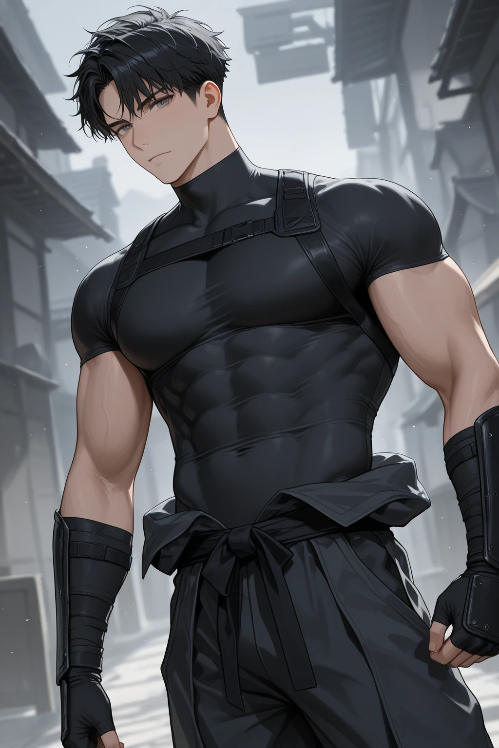 Male character with dark brown hair, greeneyes, black ninja clothes, with a sword