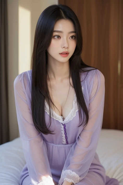 ((highest quality, 8K, masterpiece:1.3)), 1 girl, slim, (Hairstyle Long Hair, big:1.2), (erect nipples Satin-pajamas:1.3), super slender face, delicate eyes, double eyelid, blush, smile,(bed room:1.2),((sweaty skin sweaty hair:1.3)),relaxing,(sitting),transparent clothes(school girl),soaking wet,((from_above)),((moody lighting)),(small breasts)