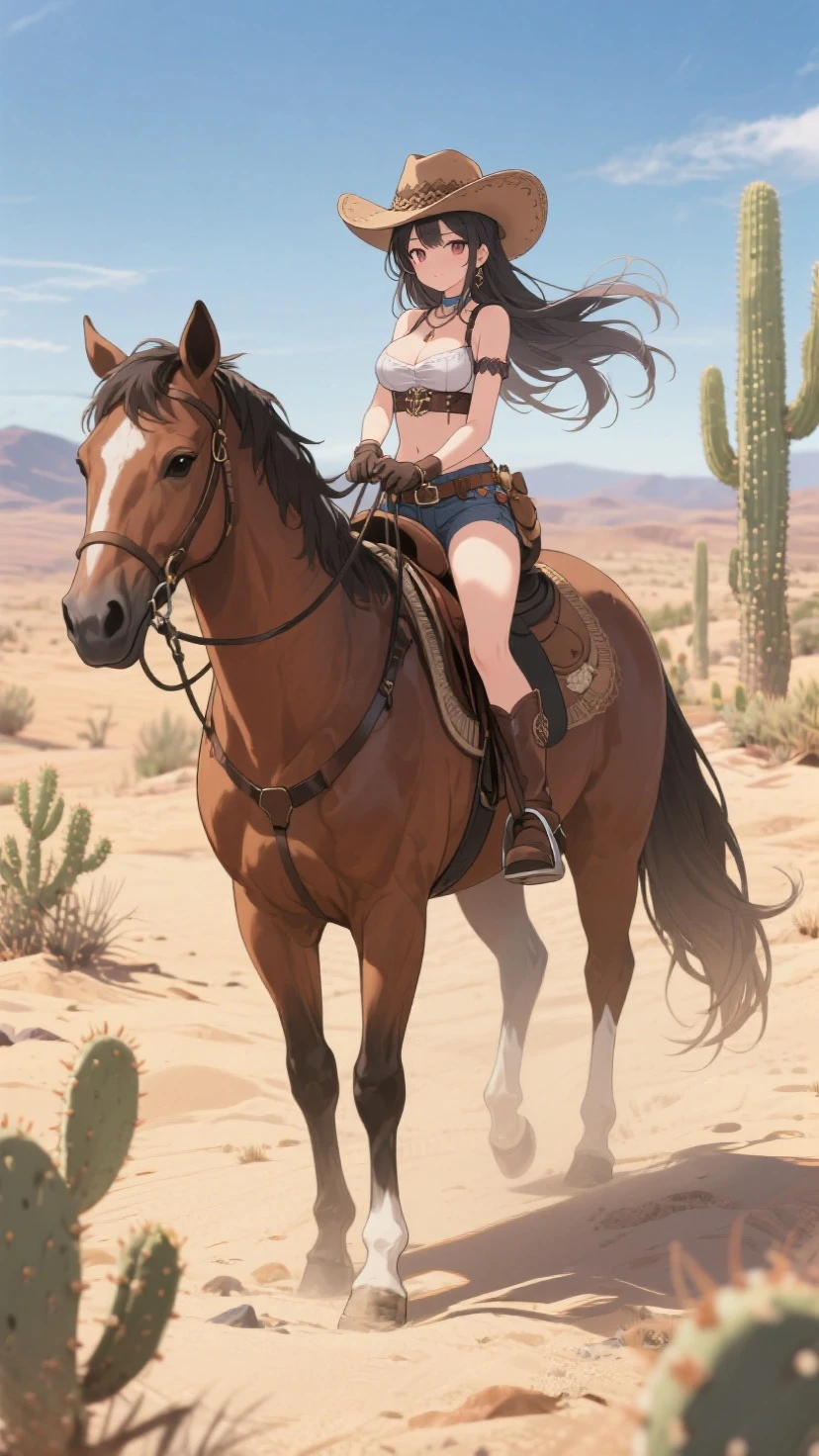 araffe anime woman in a bikini riding a horse in a park, 🐎🍑, cowgirl, cow-girl, western cowgirl, female cowgirl, 👰 🏇 ❌ 🍃, saddle up, mexican vaquero, on a horse, cowboy style, beautiful tan mexican woman, lorena avarez, riding a horse, riding horse, sexy girl, ride horse