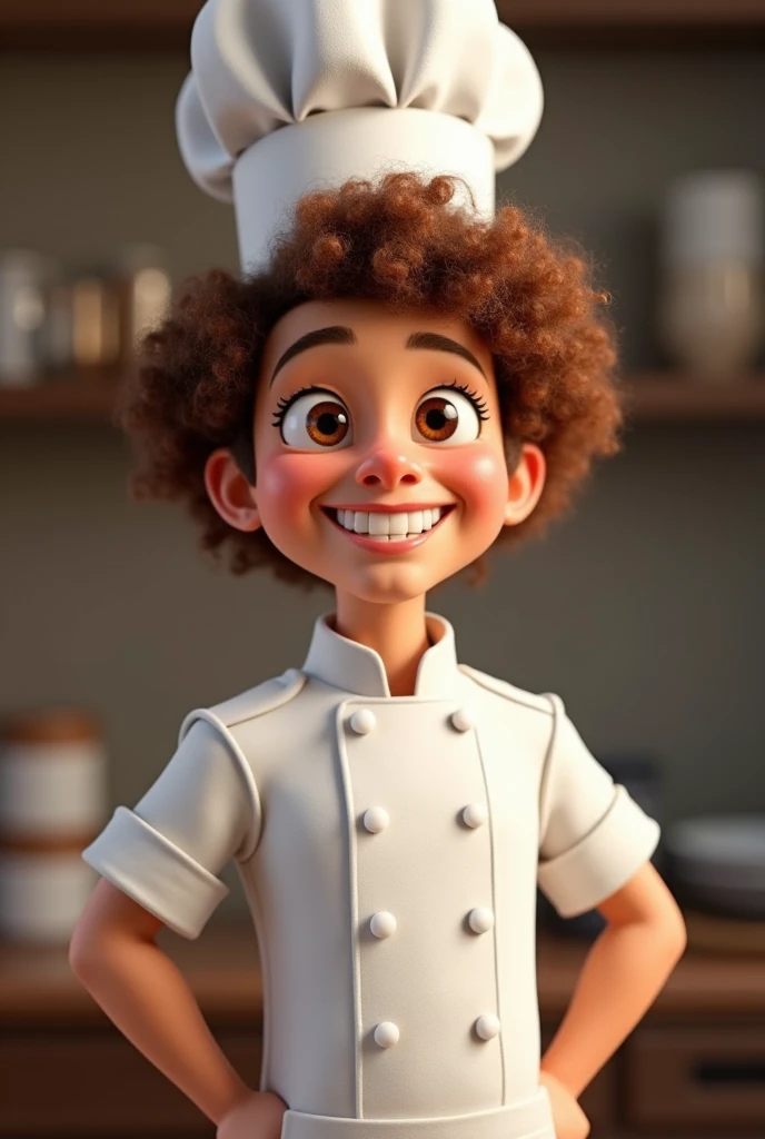 Create a 3d -Pixar style cartoon scene, Where a woman, of a pastry chef&#39;s cap, AT 35 YEARS OLD, She's cooking dressed as a pastry chef.