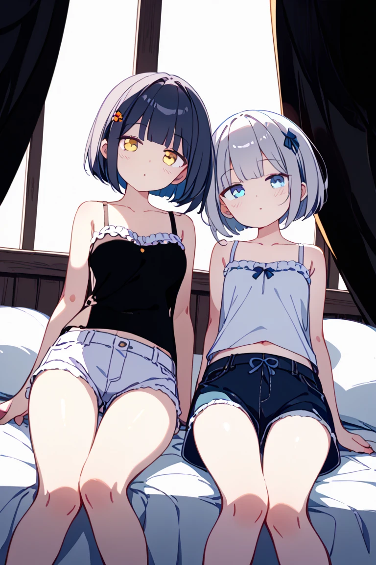 masterpiece, 8k, 1 girl, Looking at the audience, full body, shy face, ( expression details : 1.3 ), ( professional lighting) White hair, pony style, crop top underwear, no bra, changing clothes, Stomach, shorts, Lie on the bed, ( weather : after rain ) wet, wet clothes, sweaty, wet hair, hard nipple, medium chest, Sit,