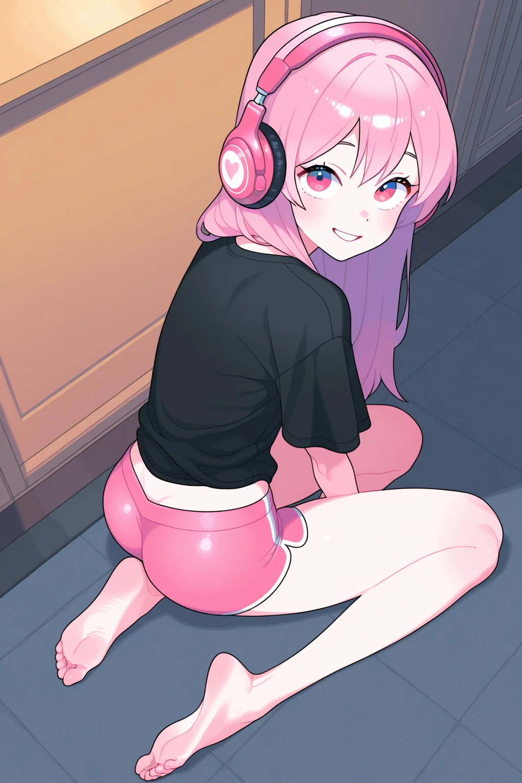 Girls with pink hair, long double-tailed hairstyle, ((small pink bushy eyebrows)), dressed in lolita clothes, marked vagina, lolicon (Zankuro) drawing style by zankuro artist, ザンクロー style, image uploaded to R34, changing of clothes in a room, looking away, not looking at the camera (hidden camera recording it, security camera filter recording it)