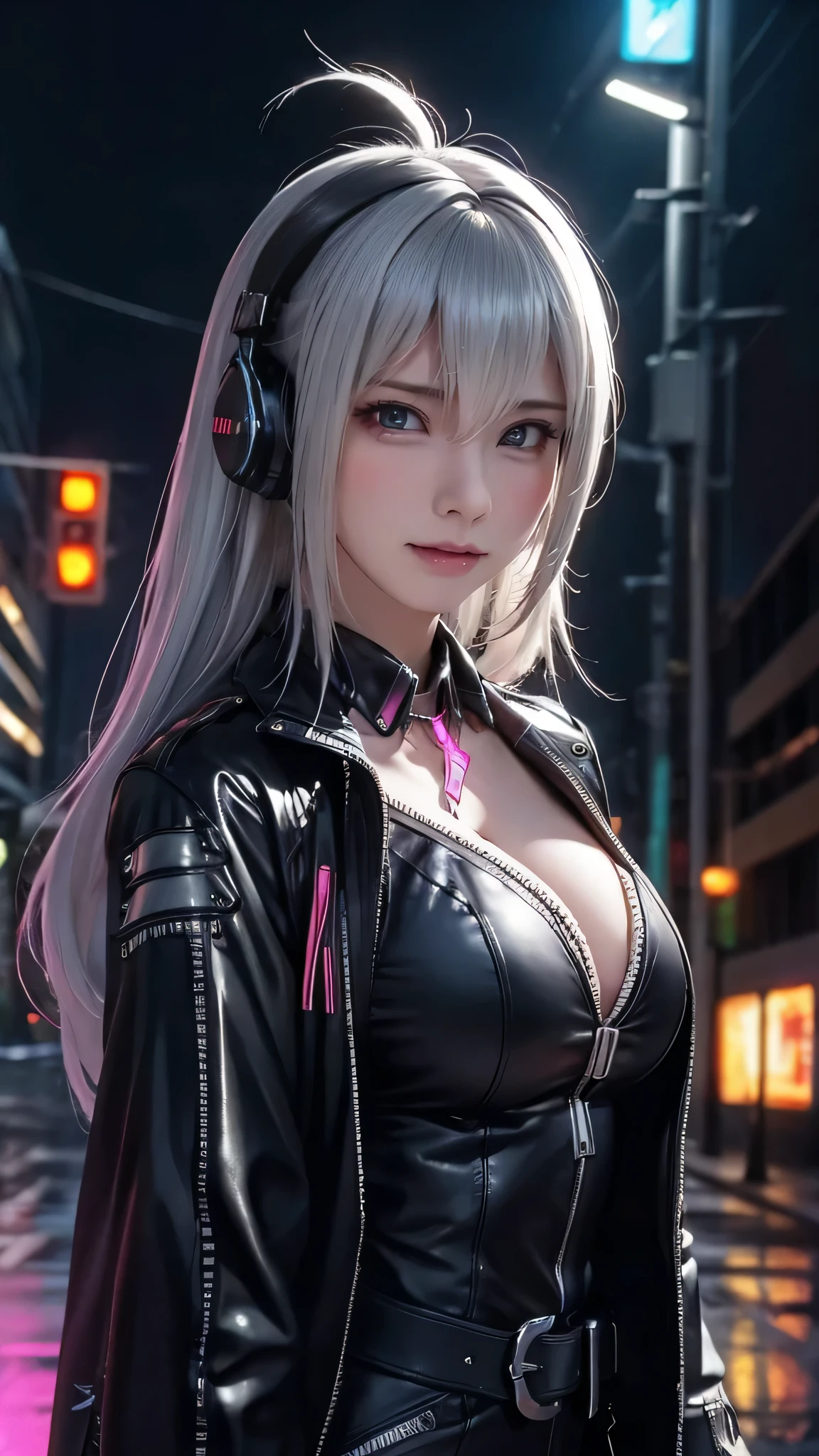 1 plump girl, White hair, Long gray hair, A masterpiece of technological clothing, Best quality at best, actual, Endless realism, Dark purple coat, sporty attire, A detailed eye, with headphones on, White blonde hair, 21-year-old girl, Stylish pose, Half a body, wide - angle shot, Have on the street, cyber punk personage,Colossal tits,Huge cleavage