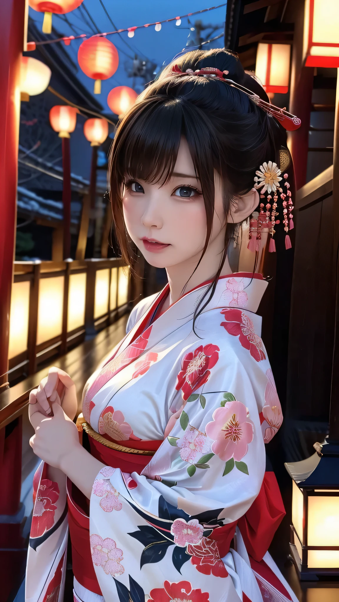 (logo、masterpiece、8K、Tabletop、RAW Photos、wonderful、最high quality、フォトリアリスティックでVery detailedな CG 複合 8K 壁紙、high quality、Very detailed、Narrative poem、Particle Effects、Dynamic Effects、Depth of the Boundary、Cinematic Light、Lens flare、Ray Tracing）、 (One beautiful woman wearing a yukata、White yukata、Light purple pattern)、Black-haired、High definition skin、Very fine、Fine skin texture、Beautiful Face、True Face、Beautiful details in the eyes、Realistic eyes、Beautifully detailed eyes、Realistic Skin、Beautiful Skin、Surreal、Smiling Eyes、Hair and light eyes、vivid、Colorful lights and bokeh、plump lower lip、Pink Lips、Hair flutters in Wind、Hair bounces、wonderful景色、night、evening、Wind、moonlight、moonlight、light